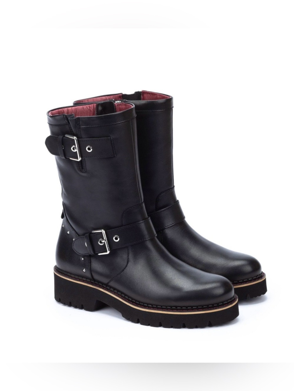 PIKOLINOS Black Leather Mid-Calf Buckle Combat Boots Size 41=US Size 9.5-10